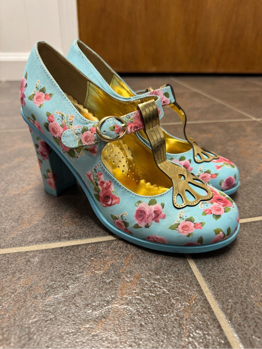 Hot Chocolate Emma Floral Roses Platforms Heels T-Bar Mary Janes Blue EU 37 - Picture 12 of 13